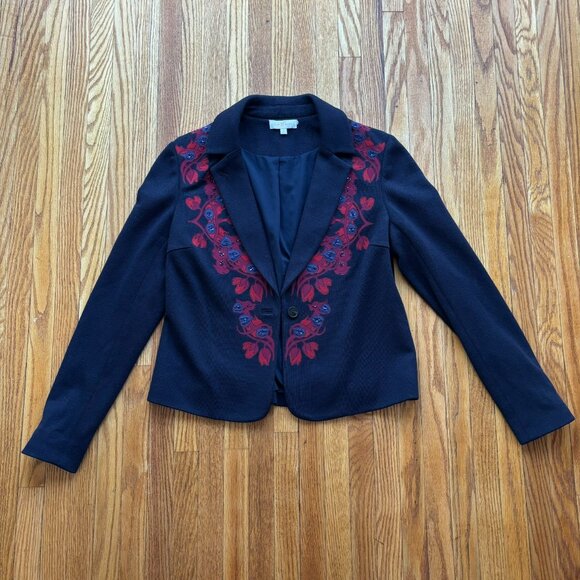 Tory Burch Lisanne Blue and Red Embroidered Blazer - Picture 2 of 12
